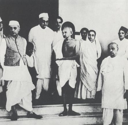 A black and white photograph of Jawaharlal Nehru, India's first Prime Minister.