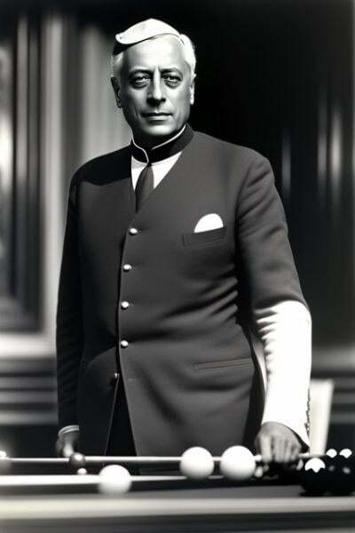 A black and white photograph of Jawaharlal Nehru, India's first Prime Minister