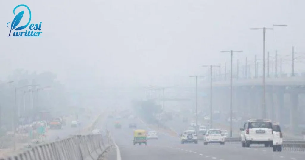 Aerial view of a city shrouded in smog and pollution, symbolizing the environmental challenges in 2023