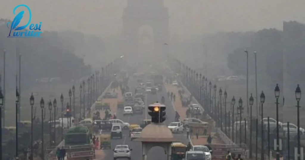 Aerial view of a city shrouded in smog and pollution, symbolizing the environmental challenges in 2023