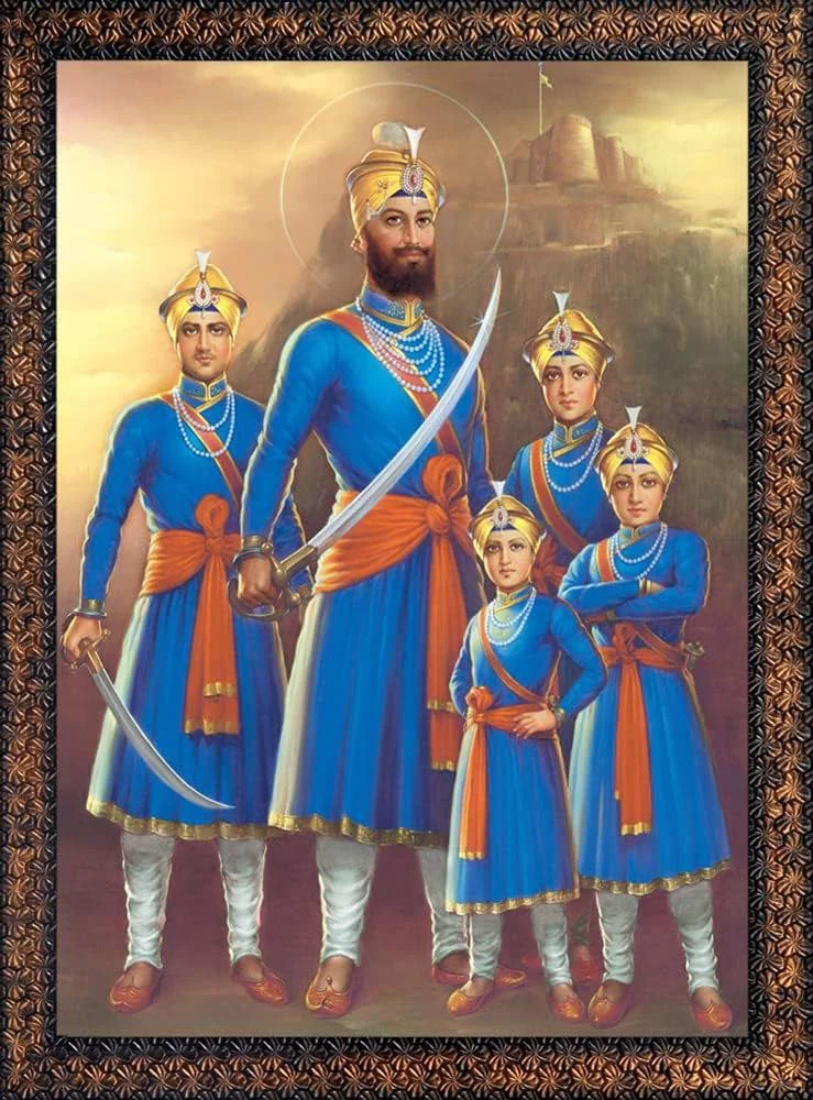 Guru Gobind Singh with 4 Sahibzades, a historic Sikh image