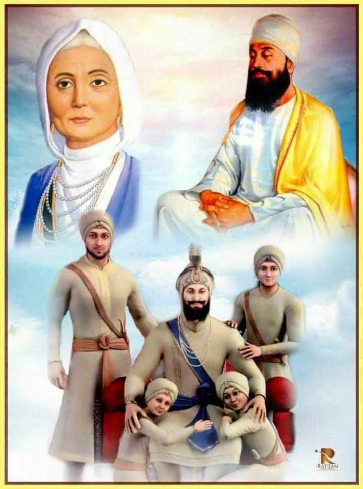 Guru Gobind Singh with 4 Sahibzades, a historic Sikh image