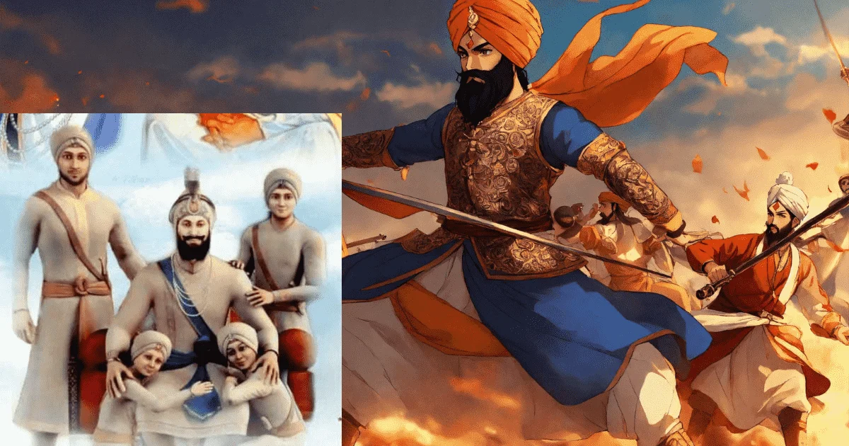 Guru Gobind Singh with 4 Sahibzades, a historic Sikh image